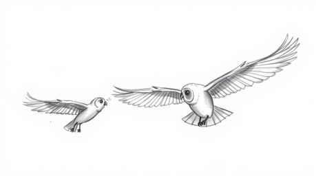 A heartwarming hand-drawn sketch in the style of Pixar depicts a blind owl patiently teaching birds to fly.  Soft pencil stro