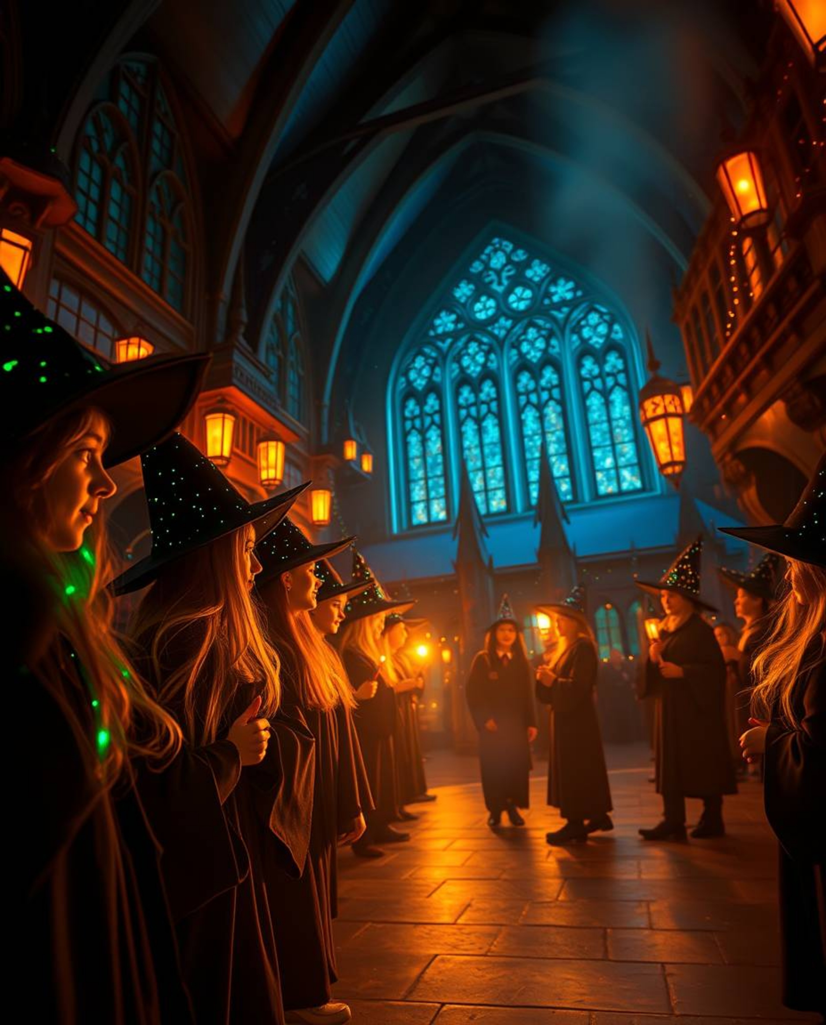Experience the enchanting world of a magical school, bathed in glowing bioluminescent colors and a warm golden glow. This clo