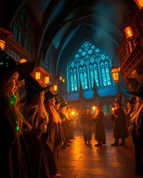 Experience the enchanting world of a magical school, bathed in glowing bioluminescent colors and a warm golden glow. This clo