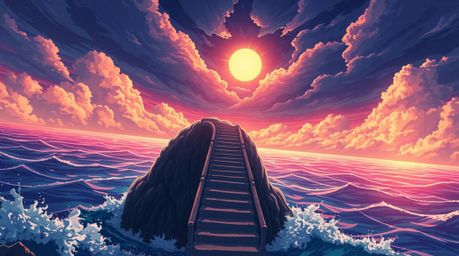 Anime-style illustration showcasing a dramatic staircase rising from the ocean into a stormy, sunlit sky. Featuring an Isekai
