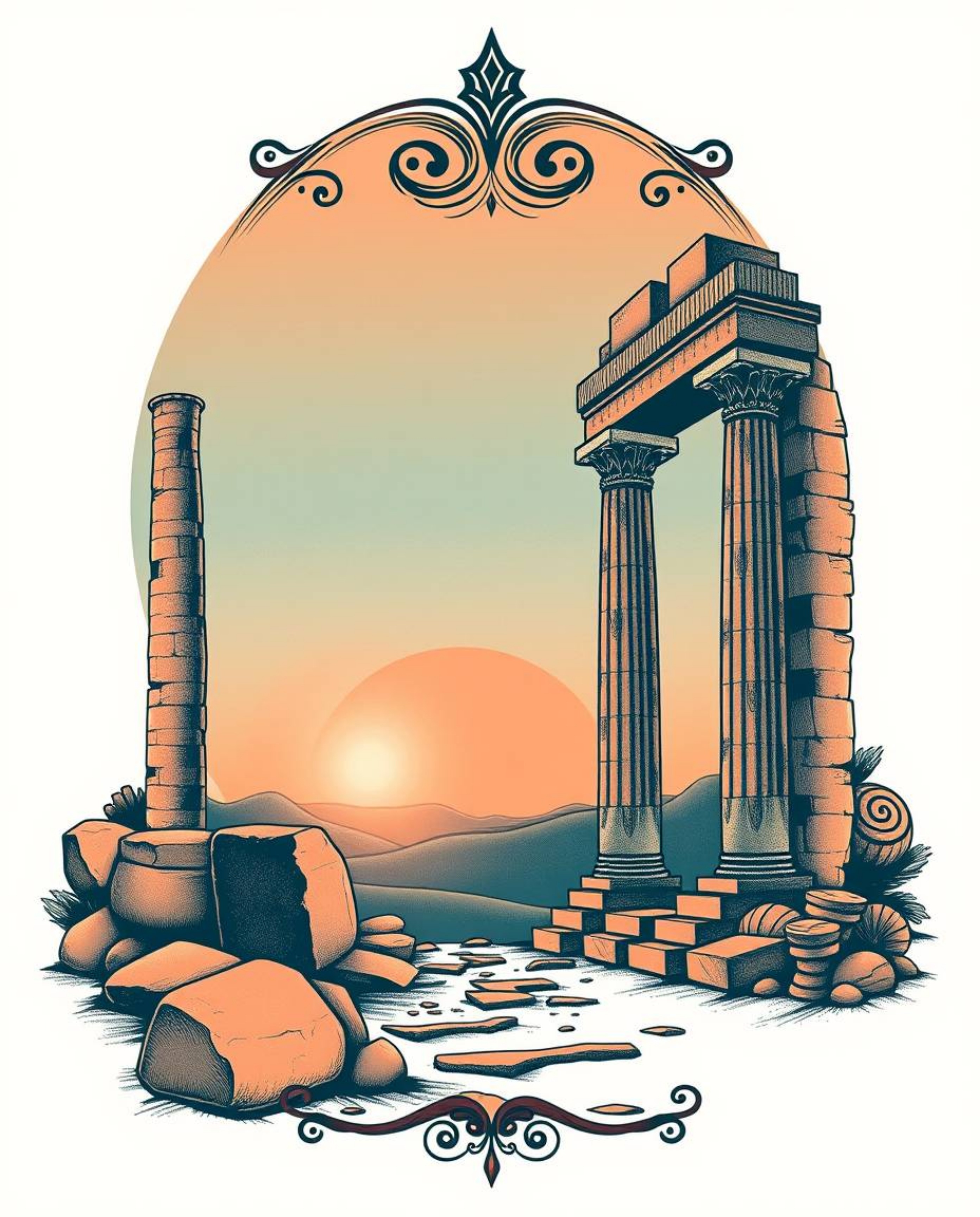 Experience ancient stone ruins at sunset, depicted as a symbolic traditional tattoo art print. This design features a unique 