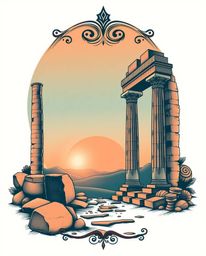 Experience ancient stone ruins at sunset, depicted as a symbolic traditional tattoo art print. This design features a unique 