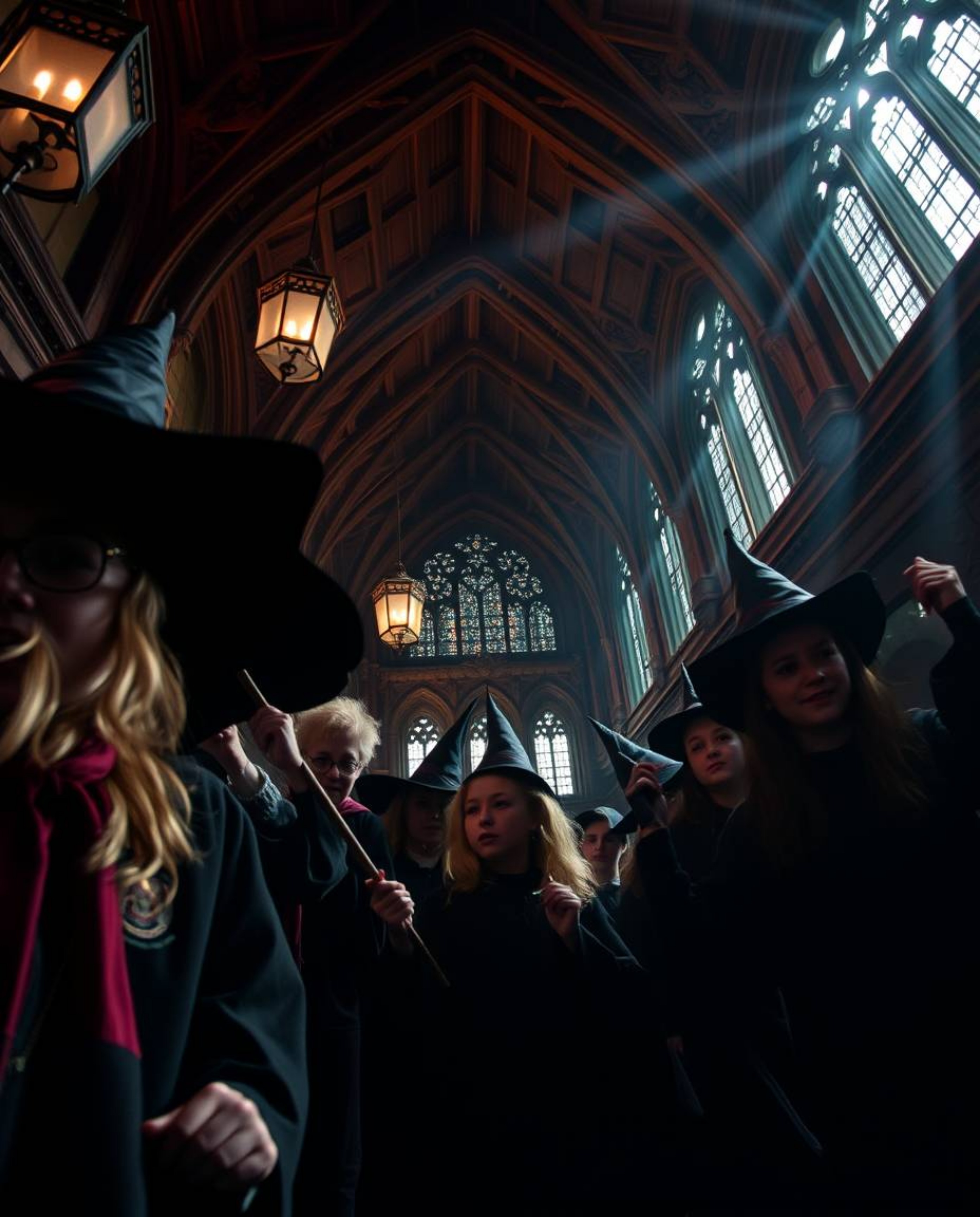 Experience the magic! A captivating low-angle shot reveals a magical school brimming with young wizards. Intense, dramatic