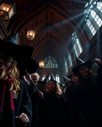 Experience the magic!  A captivating low-angle shot reveals a magical school brimming with young wizards.  Intense, dramatic 