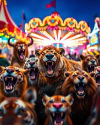 Experience a vibrant and energetic carnival scene transformed by wild animals, captured with a stunning blurred bokeh effect.