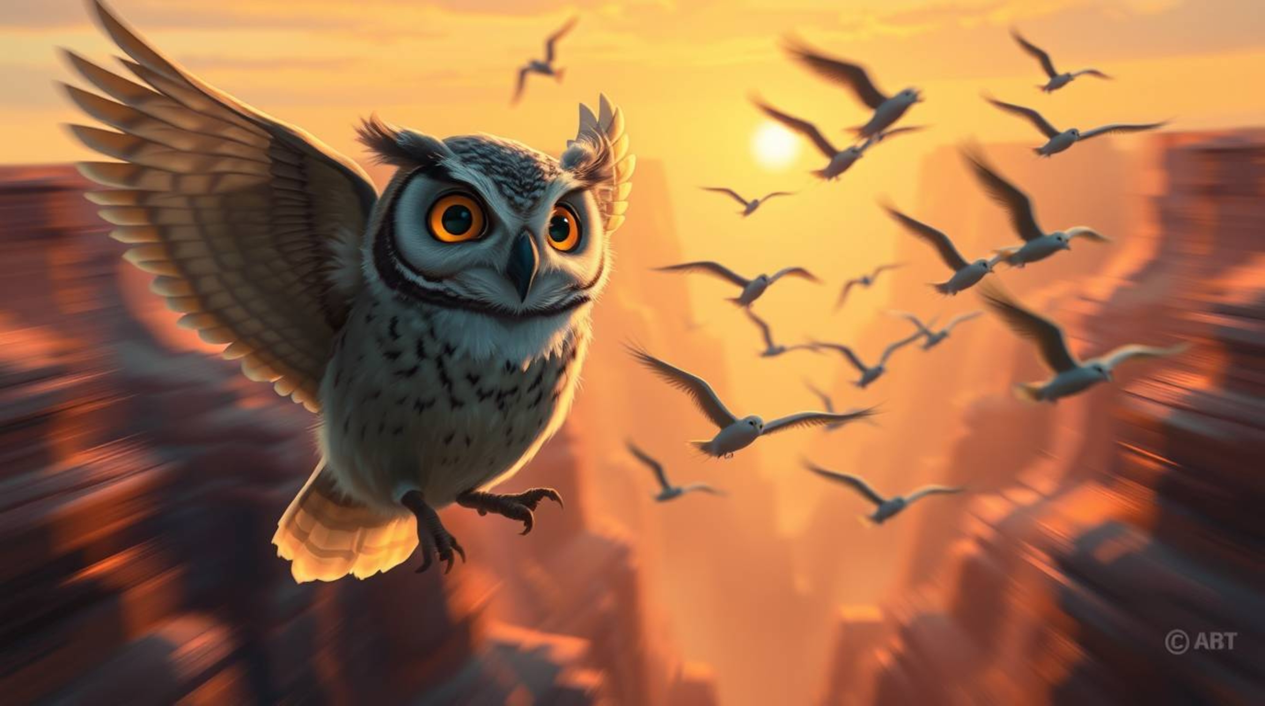 This digital painting, reminiscent of Pixar animation, captures a serene and magical moment. A blind owl, its expression peac