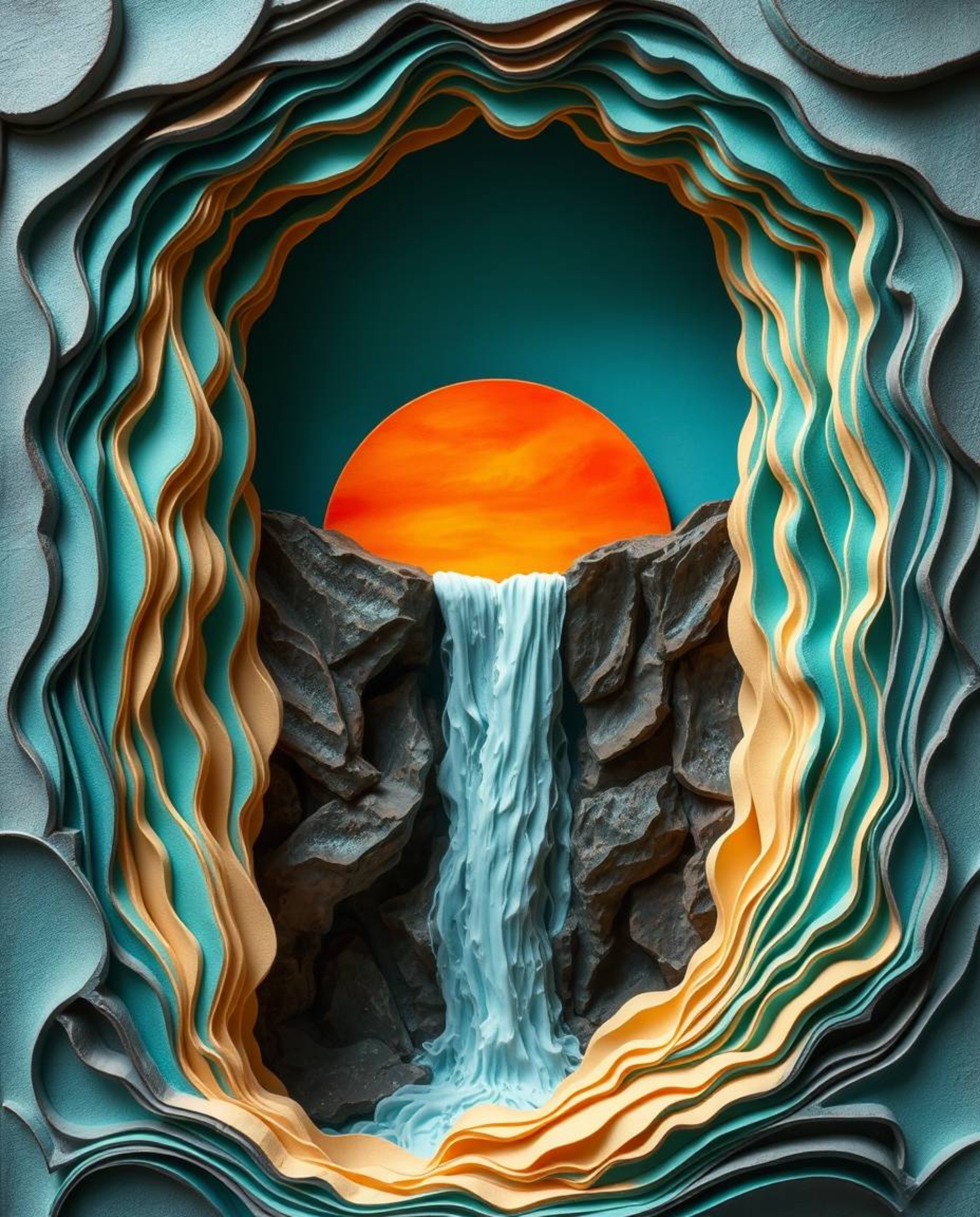 A layered papier-mâché sculpture depicting a vibrant teal sunset behind a dramatic waterfall, showcasing luxurious textures a