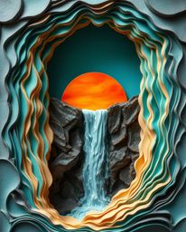 A layered papier-mâché sculpture depicting a vibrant teal sunset behind a dramatic waterfall, showcasing luxurious textures a