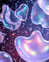 Explore the mesmerizing world of glassy fluid 3D shapes in motion, gracefully dancing amidst a swarm of glowing particles. Th