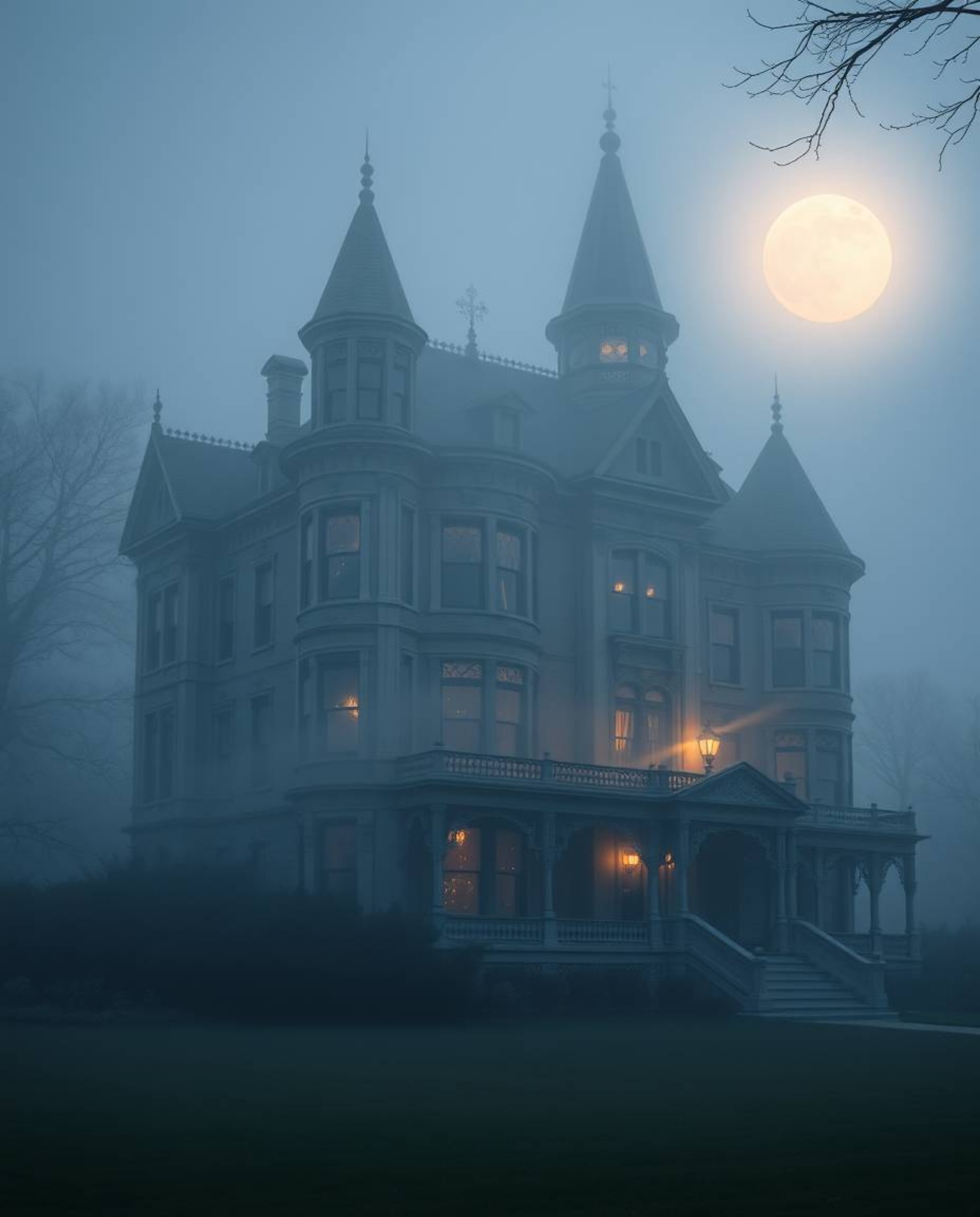 Capture the ethereal beauty of a fog-covered Victorian mansion bathed in soft moonlight. This fine art photograph showcases g