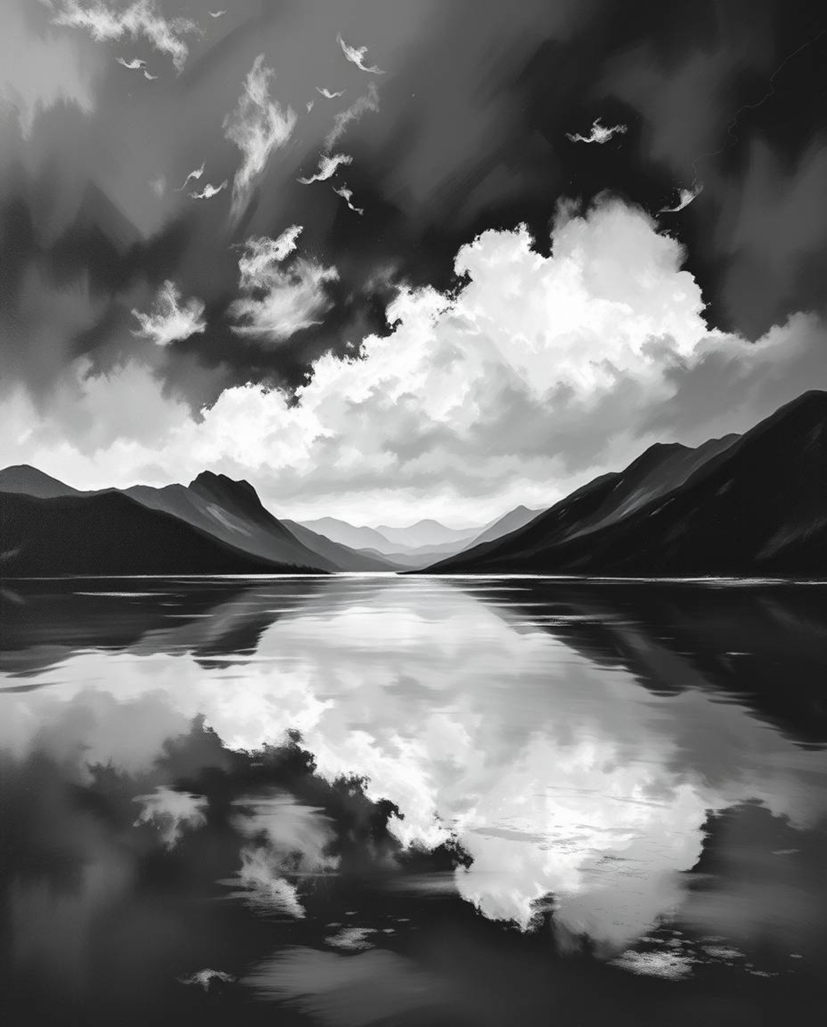 A classic black and white oil painting captures the reflections of fiery clouds in a mountain lake. Created in a timeless and