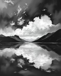 A classic black and white oil painting captures the reflections of fiery clouds in a mountain lake. Created in a timeless and