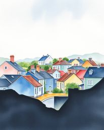 Discover a serene watercolor painting depicting a sleepy town with pastel-colored houses.  The artwork features high-contrast