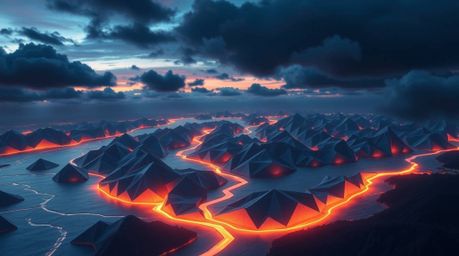 Experience the breathtaking beauty of an intricate origami-style river delta, bathed in the glowing colors of twilight.  This