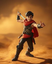Embark on a thrilling Disney-style desert adventure with a brave hero dynamically posed amidst swirling dust and volumetric l