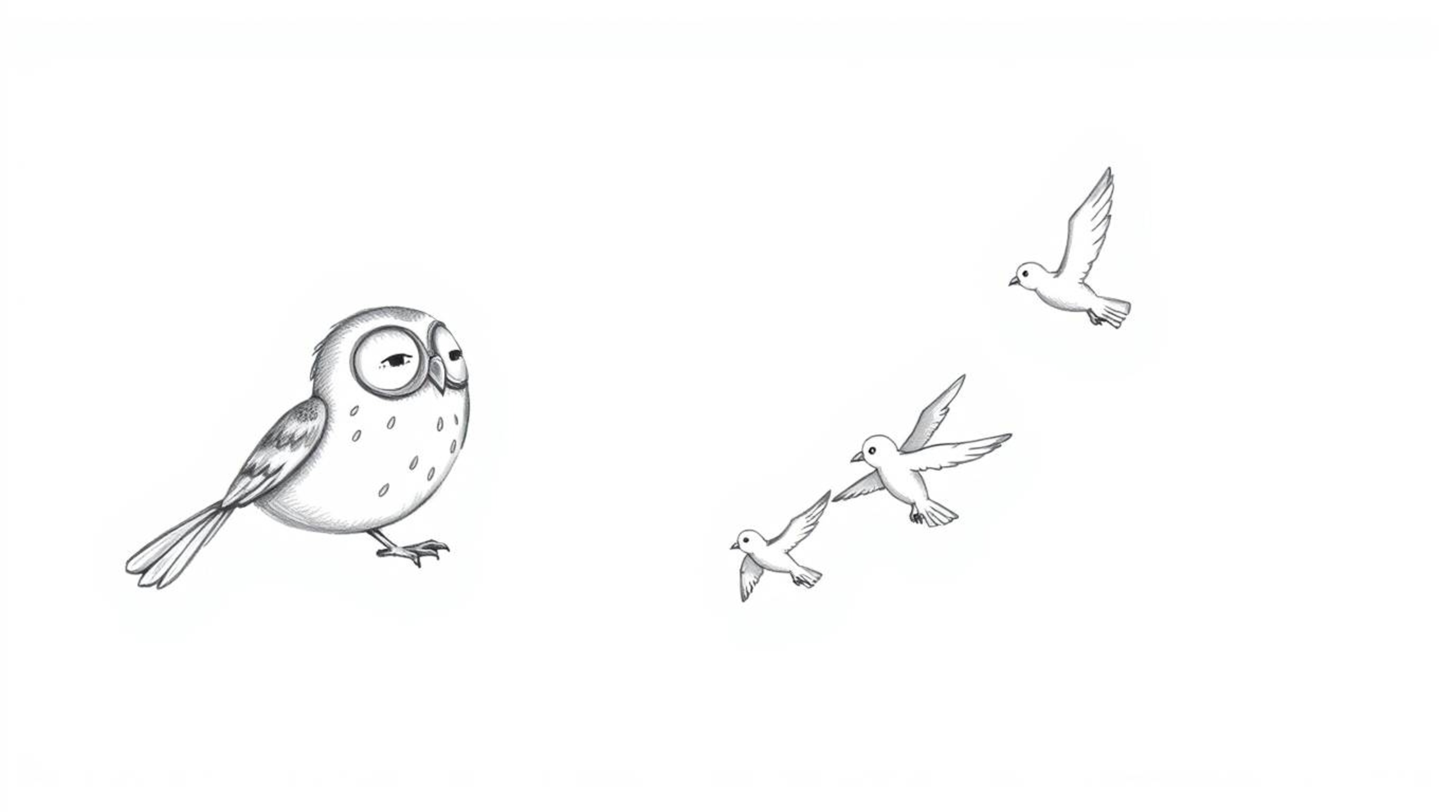 A charming Pixar-style hand-drawn sketch depicts a blind owl, rendered with delicate pencil strokes, guiding a flock of birds