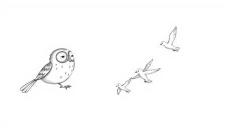 A charming Pixar-style hand-drawn sketch depicts a blind owl, rendered with delicate pencil strokes, guiding a flock of birds