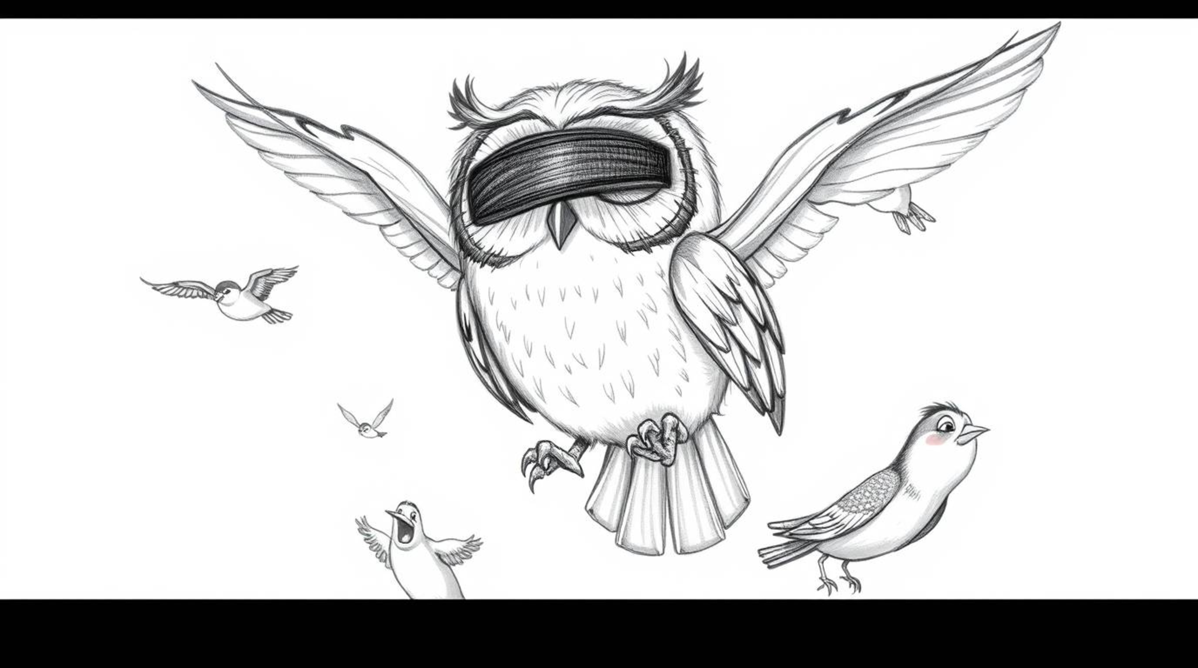 A heartwarming hand-drawn sketch in Pixar style depicts a blind owl with large, gentle eyes and slightly ruffled feathers, le