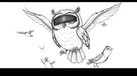 A heartwarming hand-drawn sketch in Pixar style depicts a blind owl with large, gentle eyes and slightly ruffled feathers, le