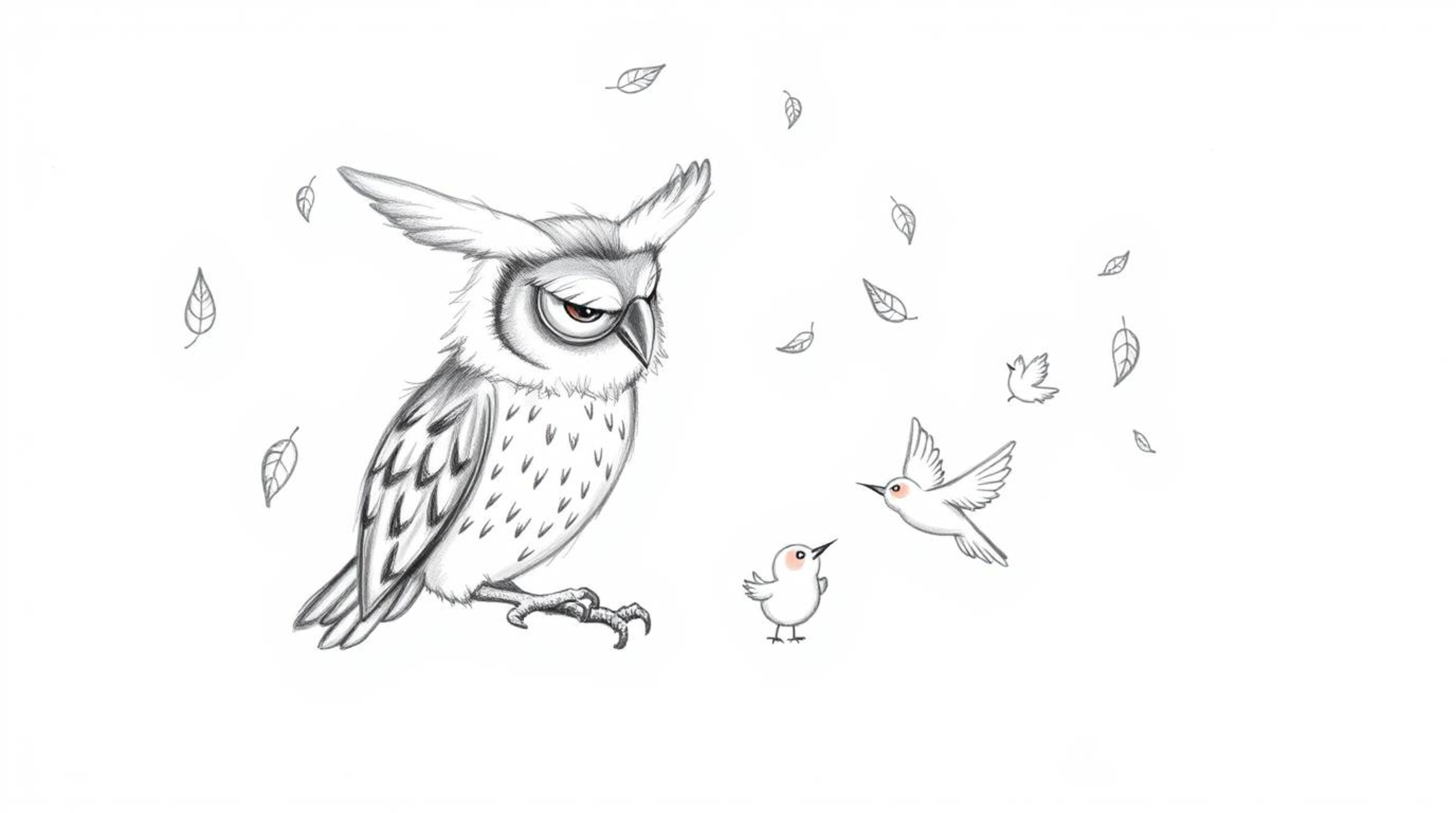 A heartwarming, hand-drawn sketch in the style of Pixar depicts a blind owl with large, expressive ears tenderly teaching sma