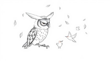 A heartwarming, hand-drawn sketch in the style of Pixar depicts a blind owl with large, expressive ears tenderly teaching sma