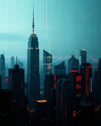 A dramatic cinematic digital landscape featuring distorted skyscrapers and static noise.  Rendered with contrasting chiaroscu
