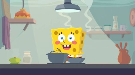 A charming flat design illustration depicts a cheerful sponge character busily cooking in a whimsical underwater kitchen.  Th