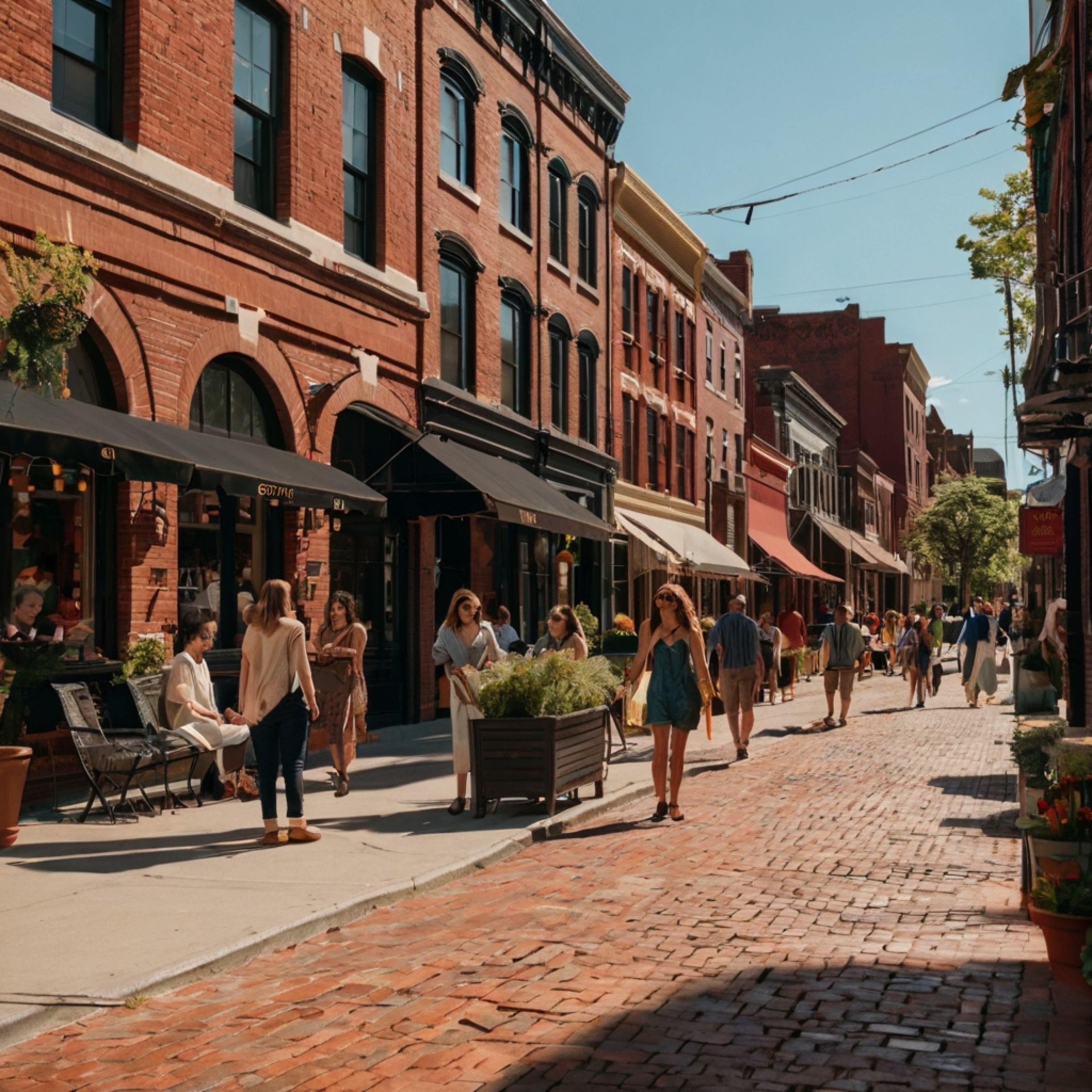 Experience the vibrant atmosphere of a historic district street, lined with charming red-brick buildings and unique boutique 