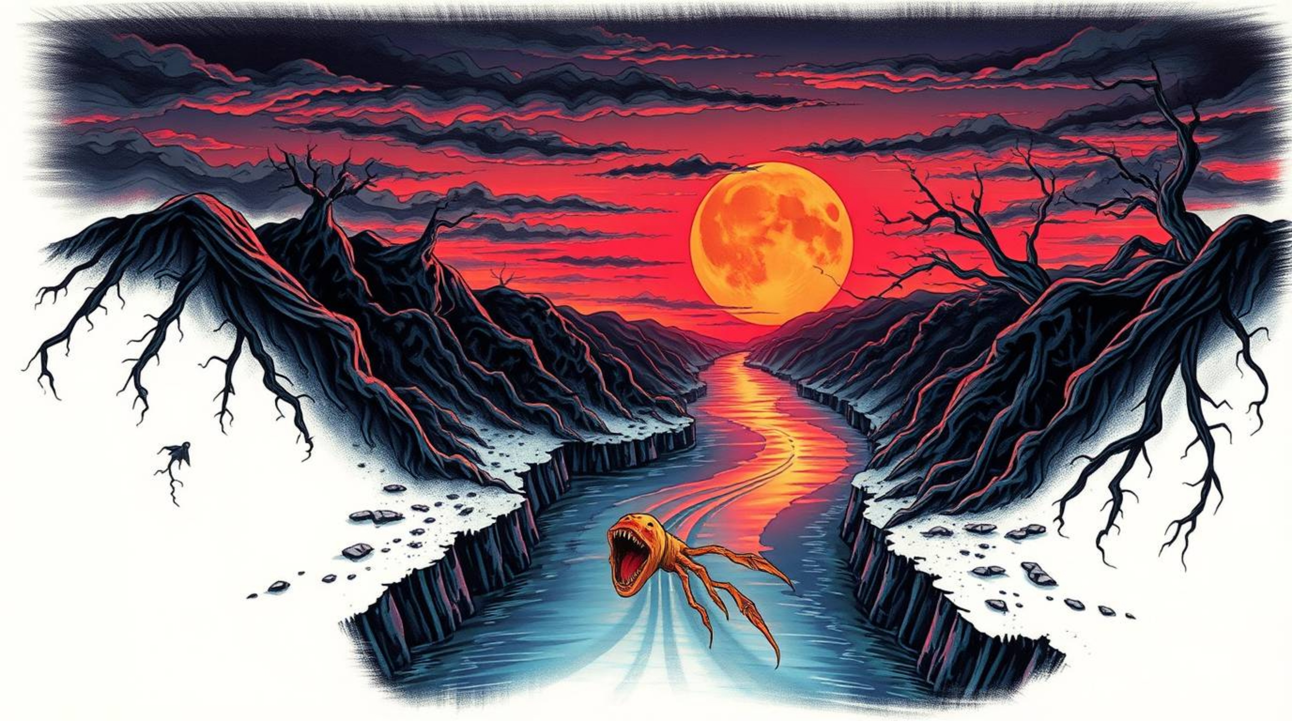A mesmerizing river delta glowing in twilight colors, depicted as a symbolic traditional tattoo art print. The artwork exhibi