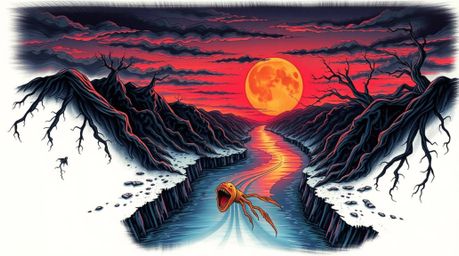 A mesmerizing river delta glowing in twilight colors, depicted as a symbolic traditional tattoo art print. The artwork exhibi