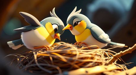 An extreme macro close-up reveals two cartoon birds meticulously constructing a nest in a charming classic animation style.  