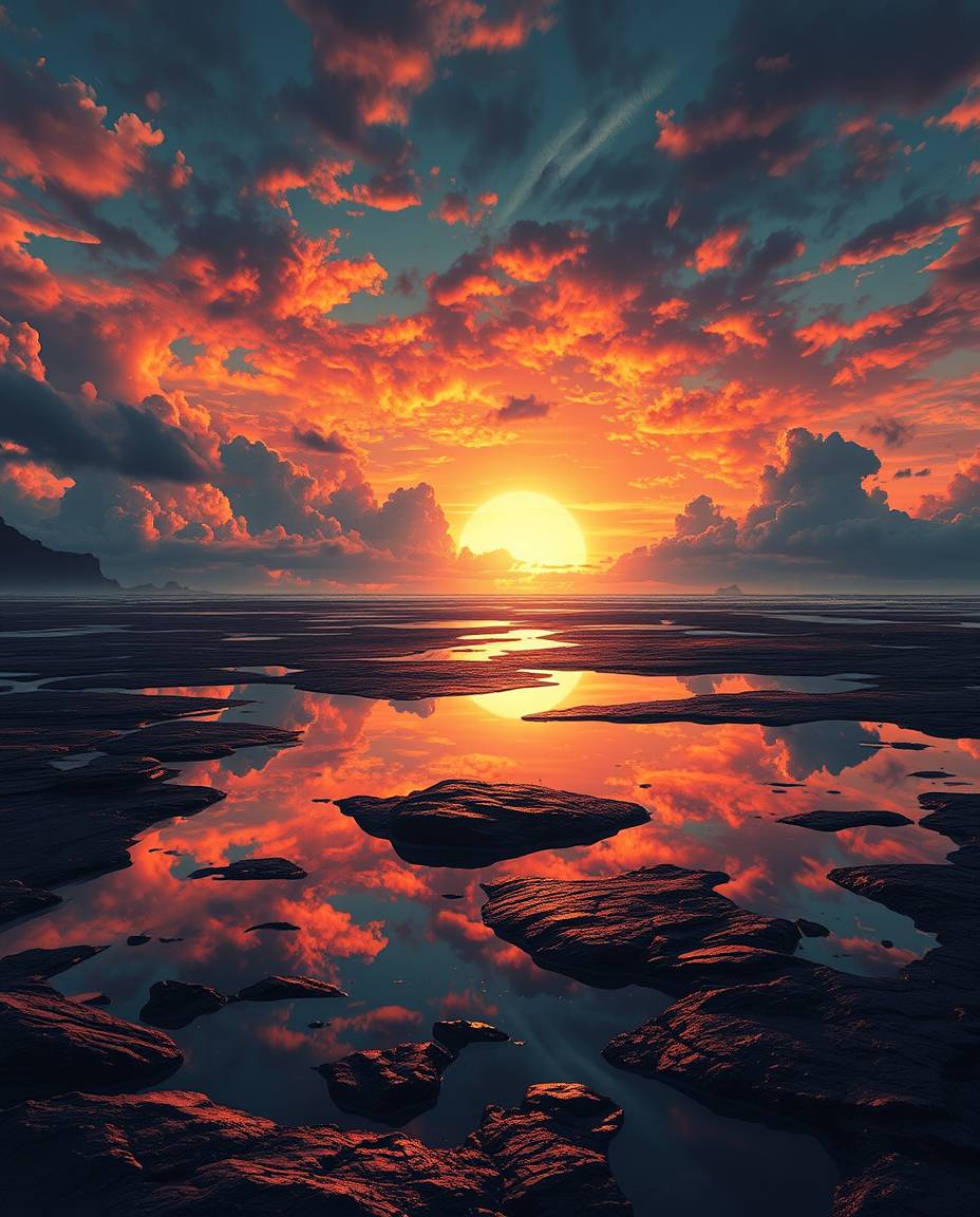 A digital painting captures a grand, epic scene of a sunset sky mirrored in vast tidal pools on a beach. The artwork is chara