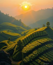 This is a classic oil painting that provides an overhead view of a tranquil sunset over terraced tea plantations. The artwork