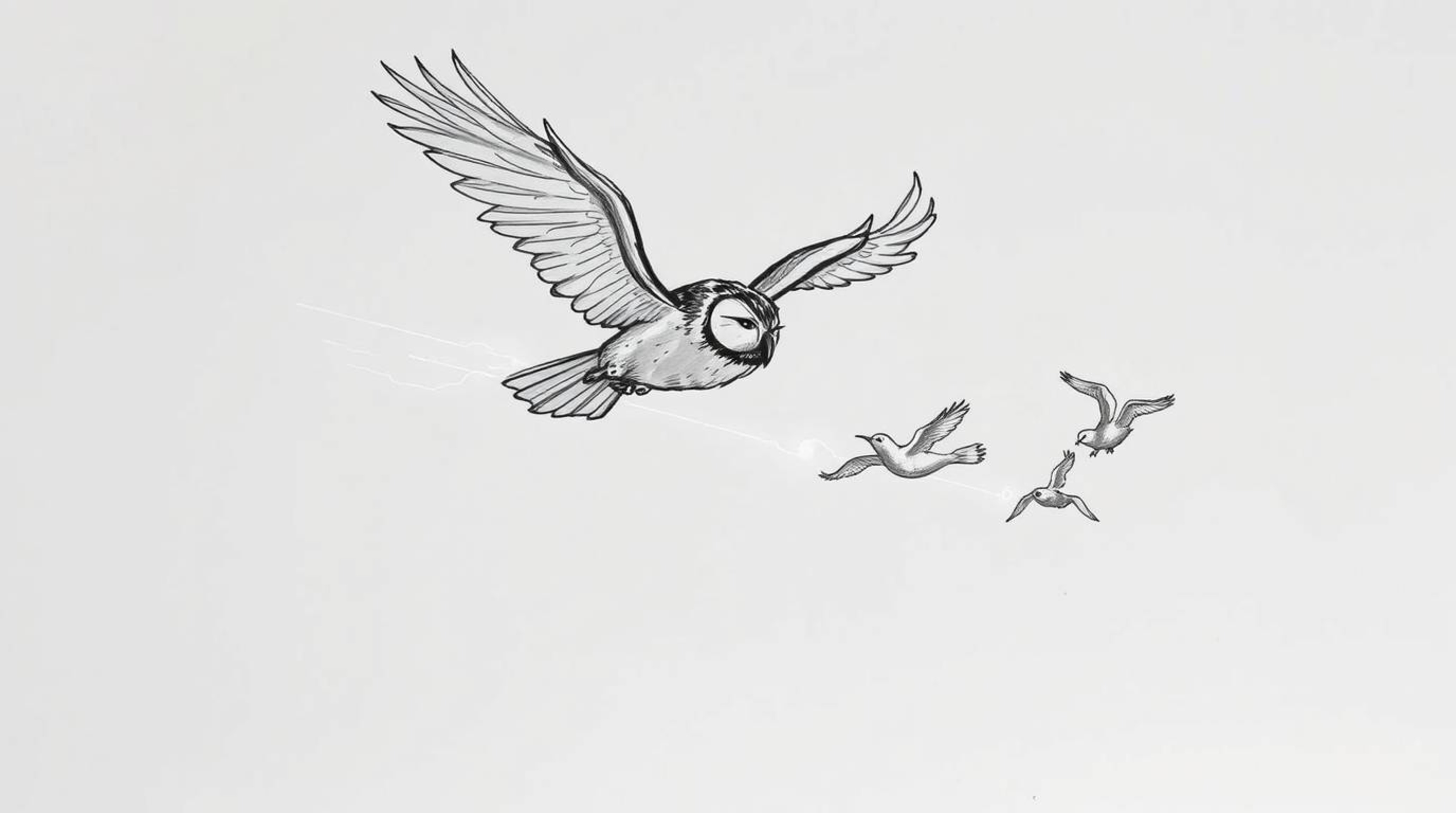 A captivating hand-drawn sketch in the style of Pixar depicts a blind owl in mid-flight, gracefully guiding several birds to 