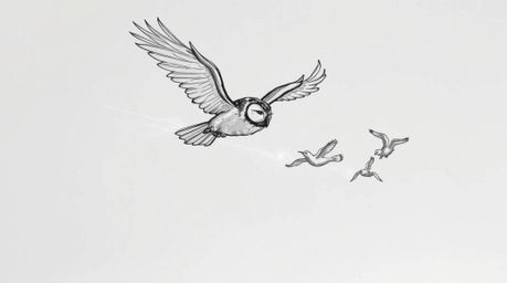 A captivating hand-drawn sketch in the style of Pixar depicts a blind owl in mid-flight, gracefully guiding several birds to 