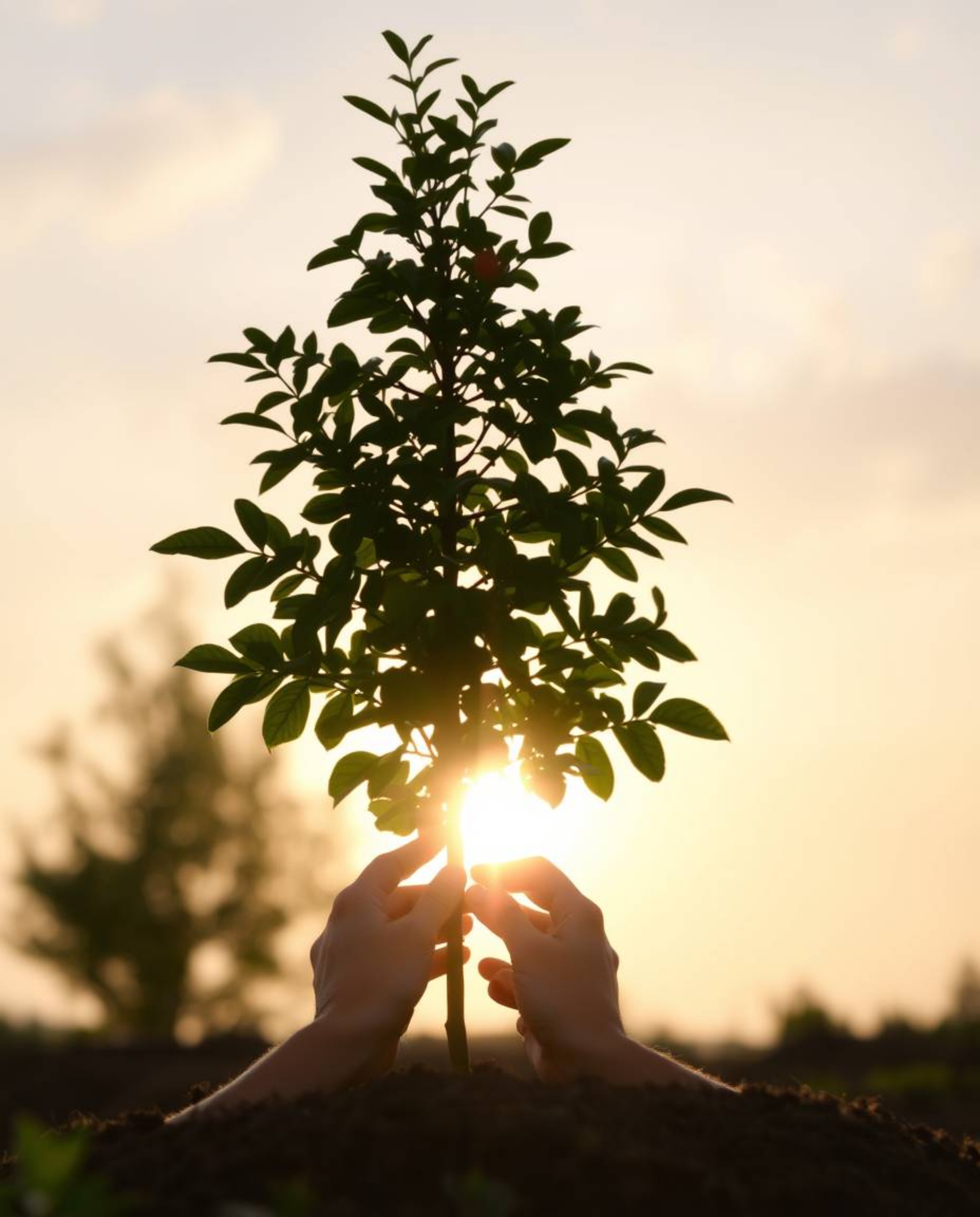 A serene image depicts hands gently planting a tree under a breathtaking golden sky.  Soft, diffused light illuminates the sc