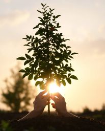 A serene image depicts hands gently planting a tree under a breathtaking golden sky.  Soft, diffused light illuminates the sc