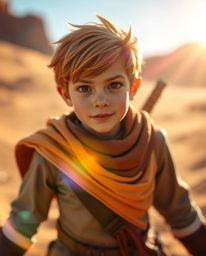 A brave Disney-style hero embarks on a thrilling desert adventure, captured in a photograph with bright lens flare and a beau