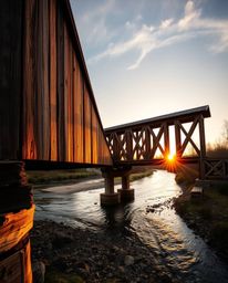 A precise architectural color photograph captures an old wooden bridge over a river at sunset. The image is taken from a wide
