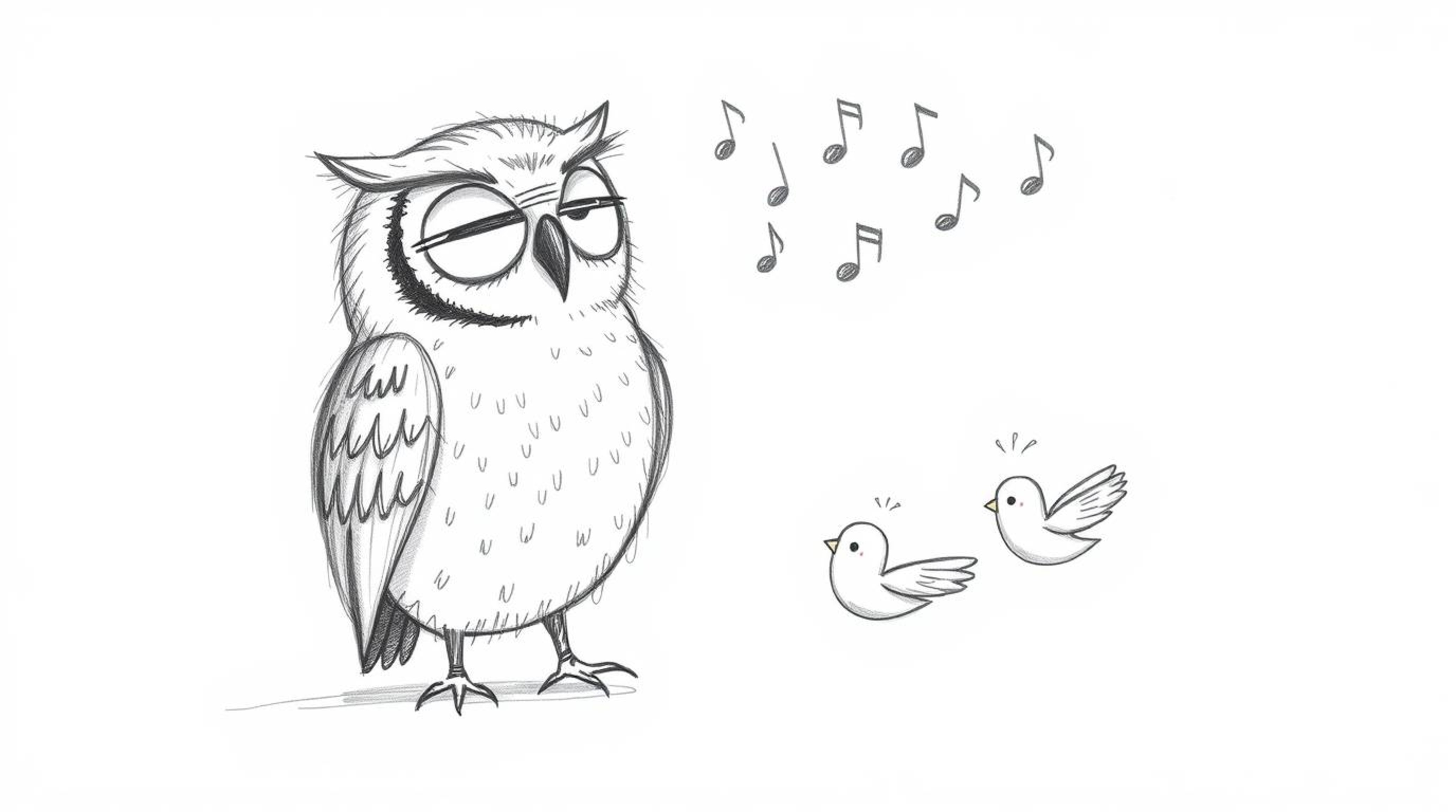 This whimsical hand-drawn sketch in Pixar style depicts a heartwarming scene of a blind owl with a soft, feathery texture men