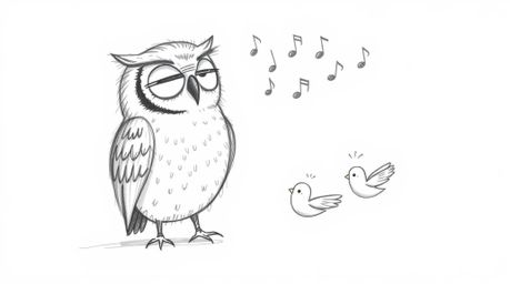 This whimsical hand-drawn sketch in Pixar style depicts a heartwarming scene of a blind owl with a soft, feathery texture men