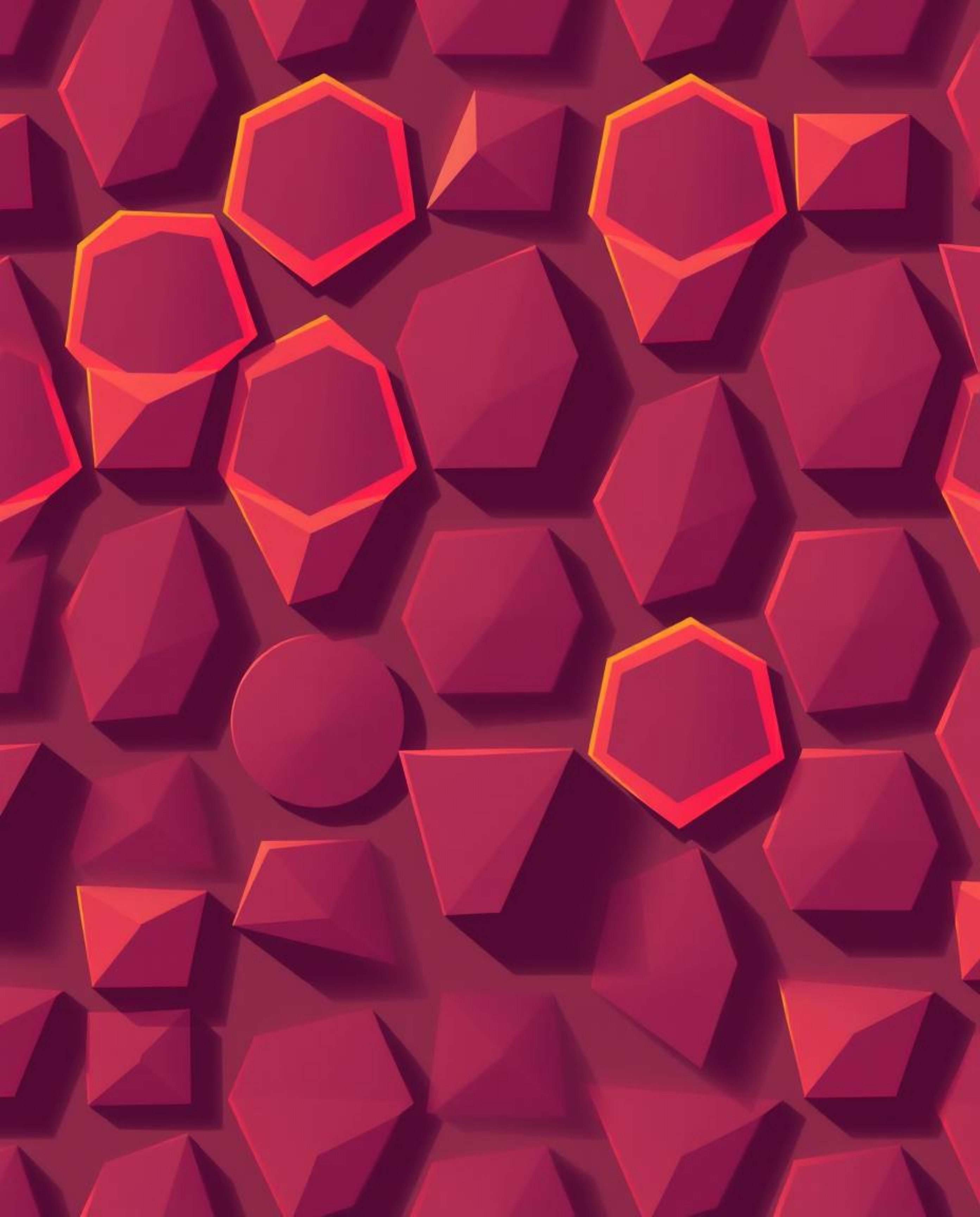 A modern flat design featuring a seamless geometric pattern of hexagons and triangles in a vibrant neon color palette. Direct