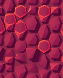 A modern flat design featuring a seamless geometric pattern of hexagons and triangles in a vibrant neon color palette. Direct
