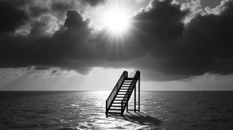 A timeless and elegant black and white image depicts a silhouetted staircase dramatically rising from the ocean towards a sto