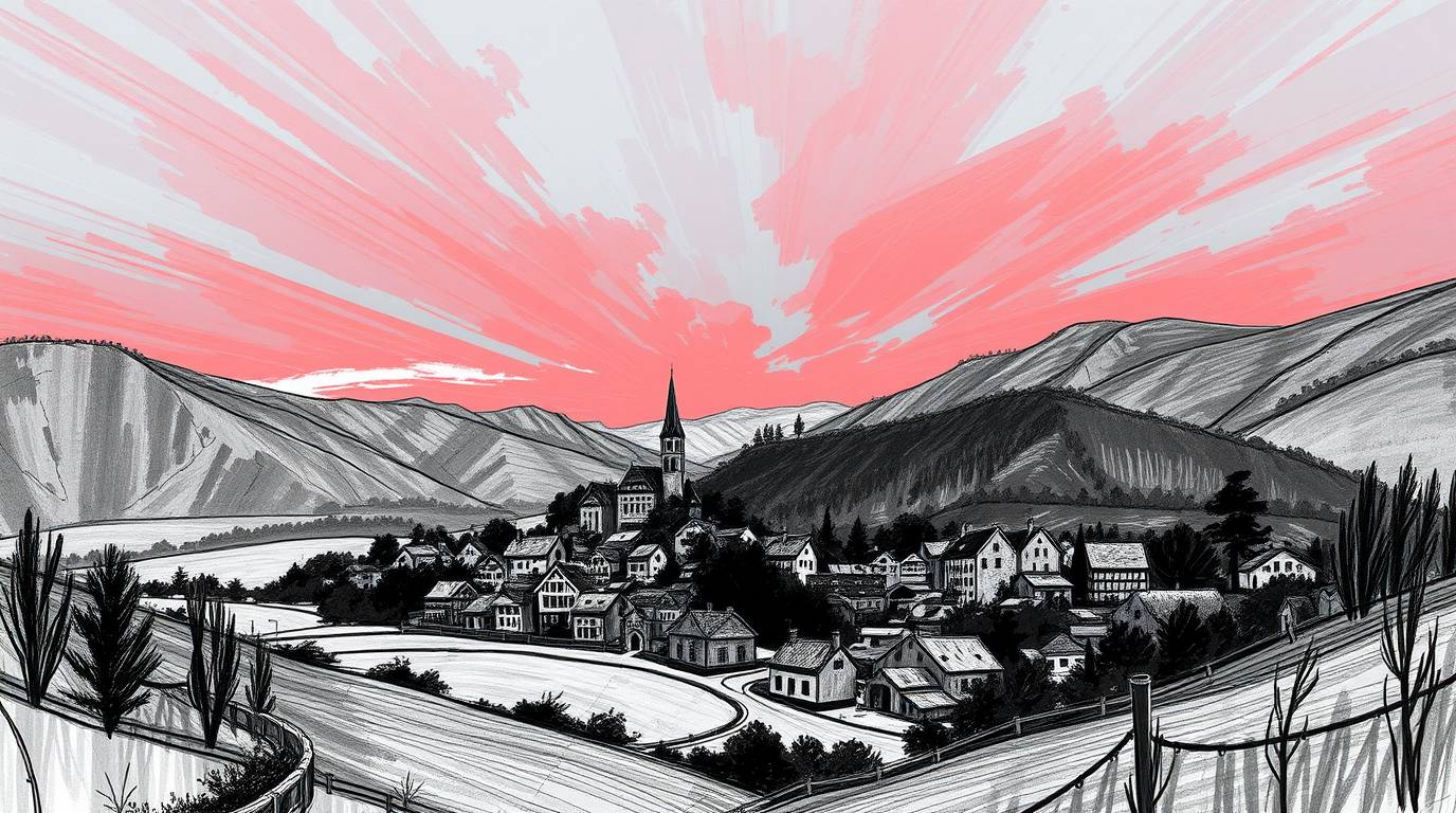 Discover a captivating digital sketch of a cozy village nestled in a valley, rendered in classic black and white.  The artwor
