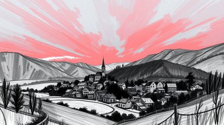 Discover a captivating digital sketch of a cozy village nestled in a valley, rendered in classic black and white.  The artwor
