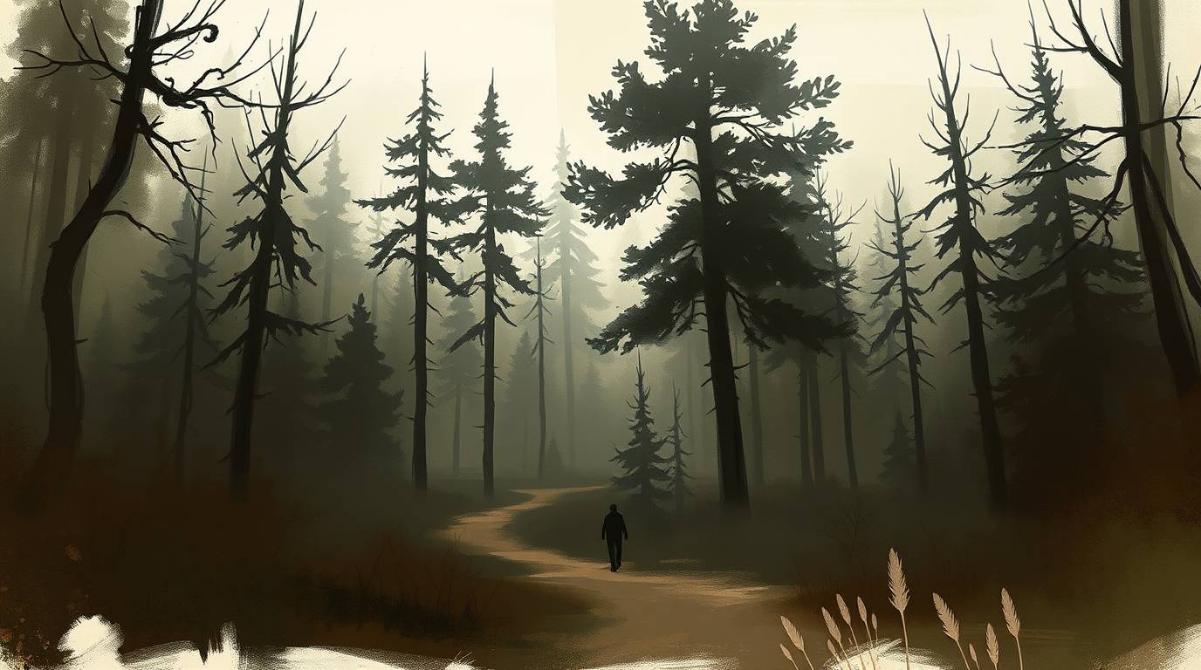 Experience a thrilling digital sketch of a chase through a looping forest, rendered with loose, painterly strokes in natural 