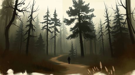 Experience a thrilling digital sketch of a chase through a looping forest, rendered with loose, painterly strokes in natural 