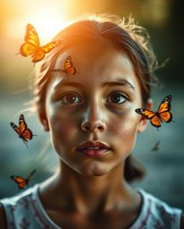 This photograph captures a girl with unique features releasing butterflies into the air. The image utilizes strong, hard ligh