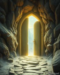 A captivating image of an ancient doorway, etched with glowing runes, nestled into the side of a majestic mountain. The scene